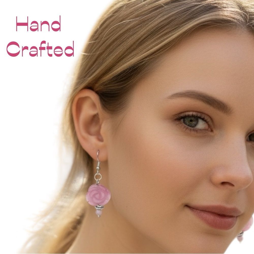 HandCrafted Pink Rose Pressed Glass Beaded Silver Earrings NWT